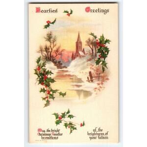 Vintage Christmas Postcard Snowy Church Scene with Holly Accents